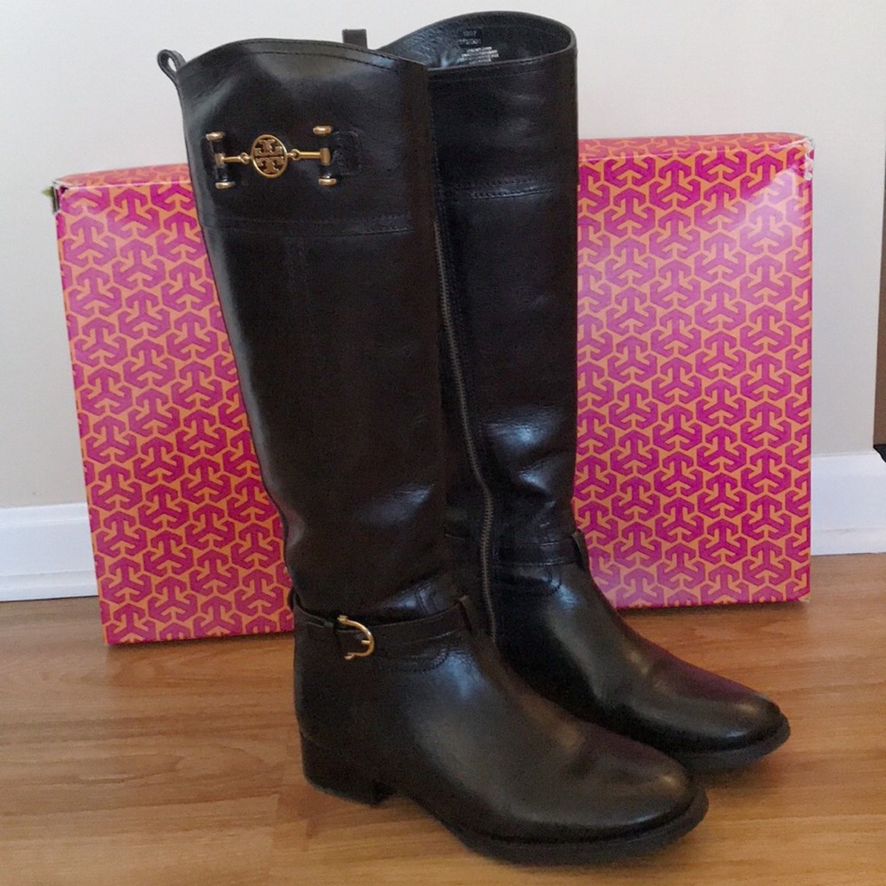 Tory Burch Black Leather Tall Boots, Size 7.5 - Picture 1 of 7